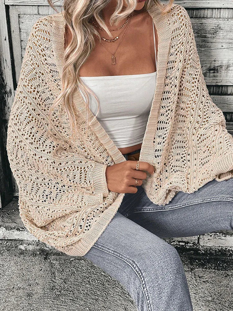 Elegant Open-Front Knit Cardigan – Women's Solid Color Batwing Sleeve Loose Cover-Up