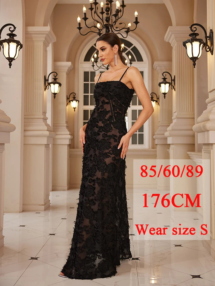 Mingmingxi Elegant Black Applique Maxi Dress