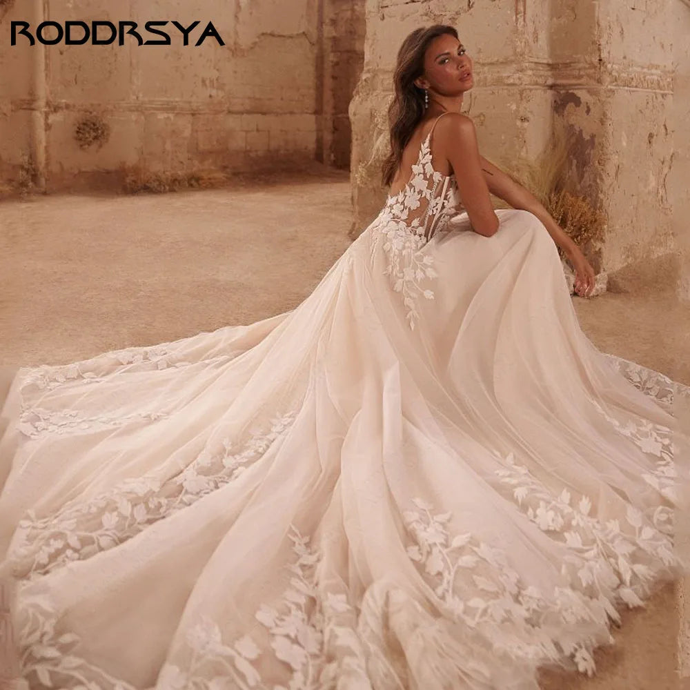 RODDRSYA Glitter Wedding Dress – Spaghetti Straps V-Neck Backless Boho Bridal Gown with Train
