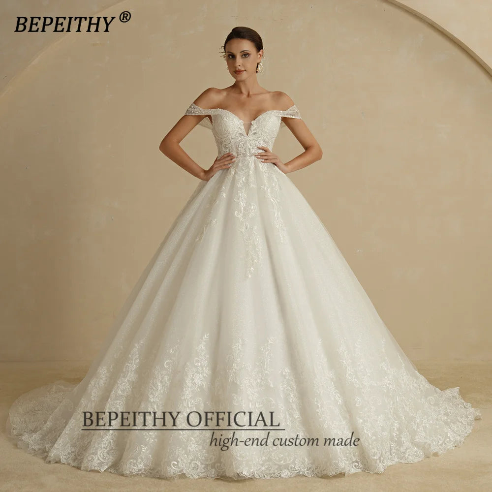 BEPEITHY Custom Sweetheart Wedding Dress – Ivory Glitter Sleeveless Bridal Ball Gown 2025