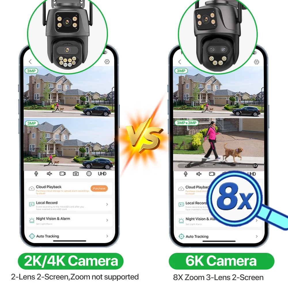 HD Outdoor 6K IP Camera with 9MP, Three-Lens External WiFi, Dual Screen 4K 8MP PTZ Security Camera, Auto Tracking Surveillance with iCSee