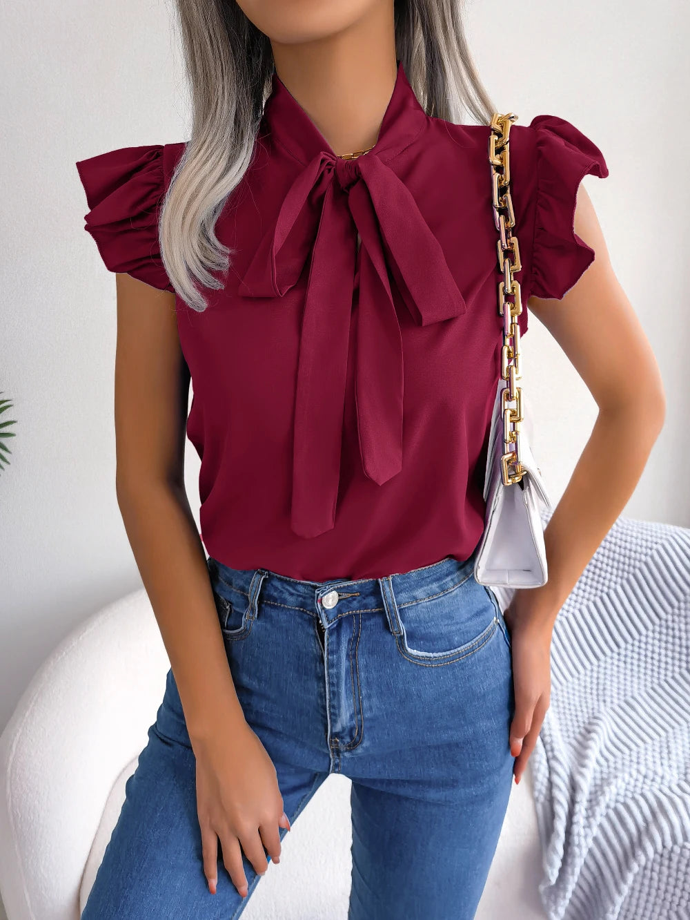 Chiffon Ruffle Bow Blouse
