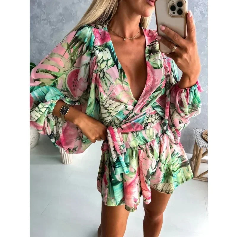 Women's V-neck Printed Long Sleeve Belted Jumpsuit Set
