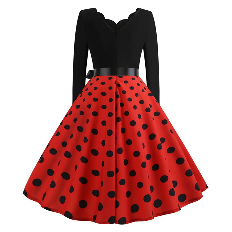 Vintage Polka Dot Dress – Long Sleeve 3XL Party Dress for Women