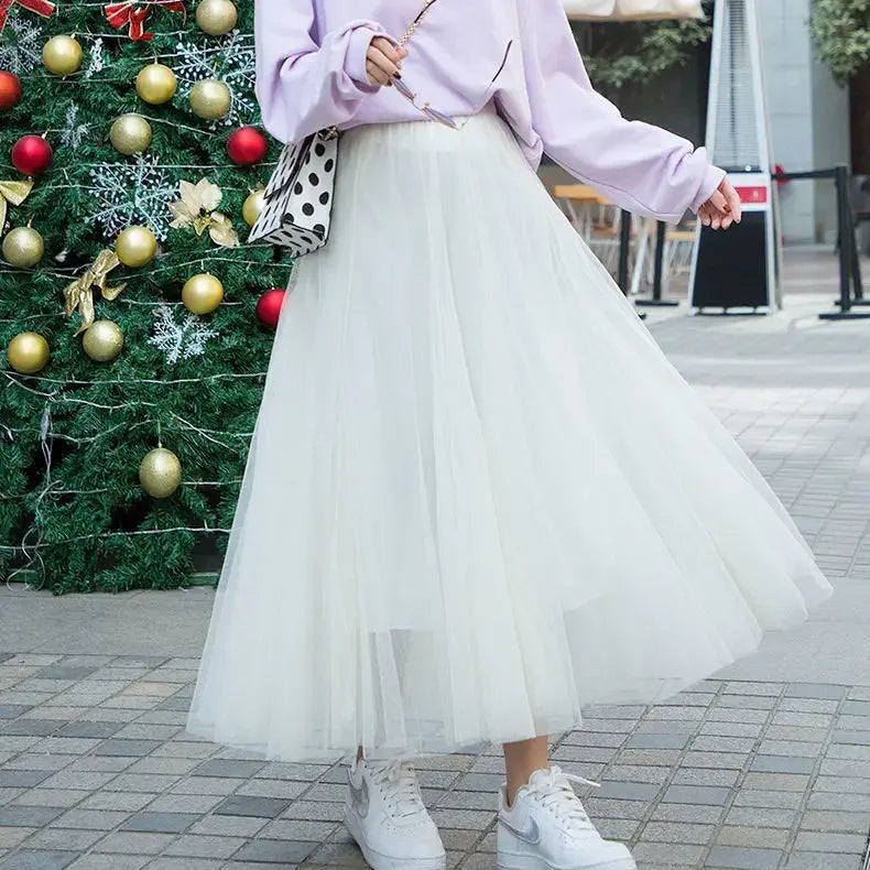 Grandiose 720-Degree A-Line Mesh Skirt – Elegant High-Waist Midi Dance Dress