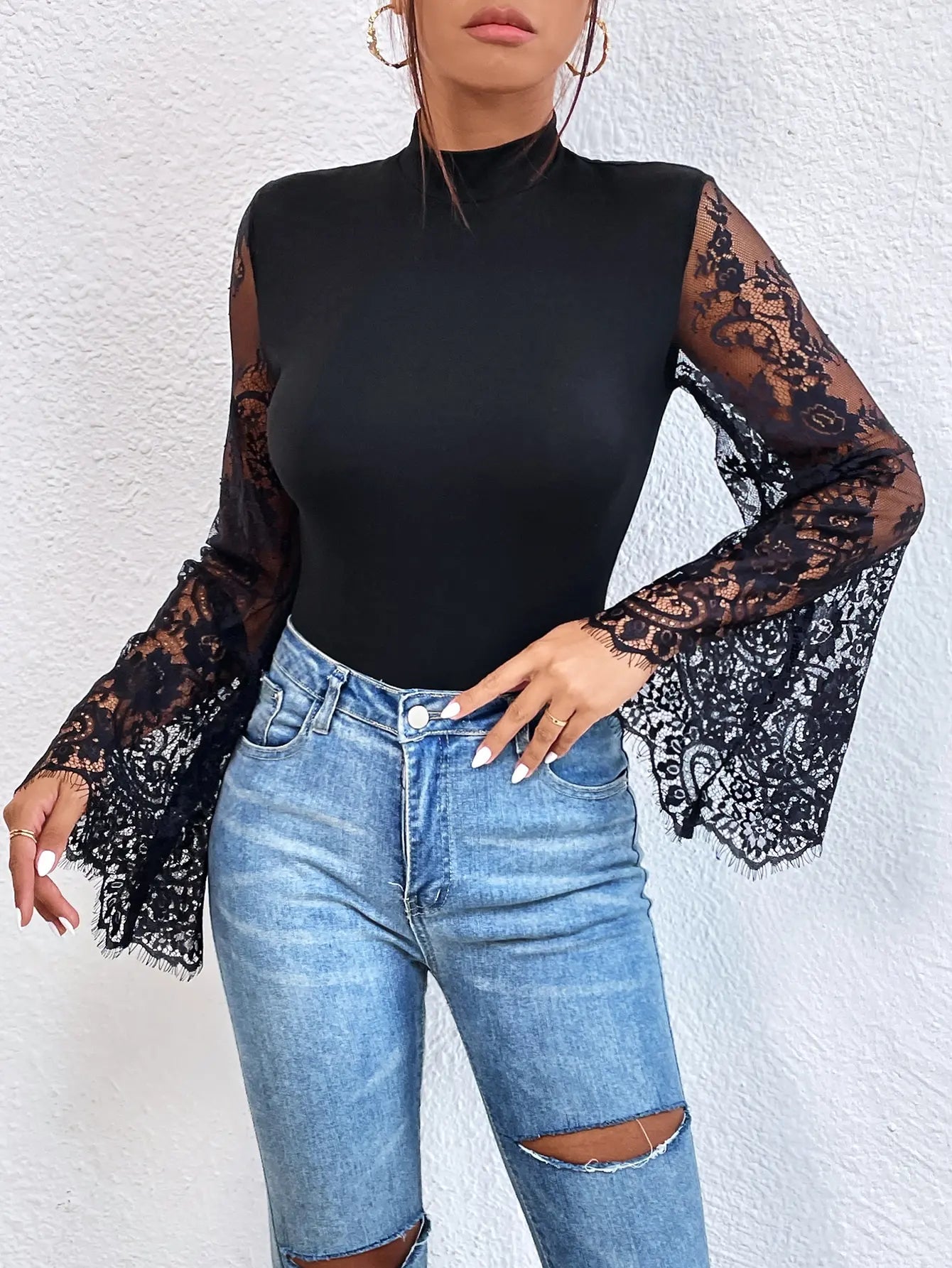 Black Lace Patchwork Flared Jumpsuit