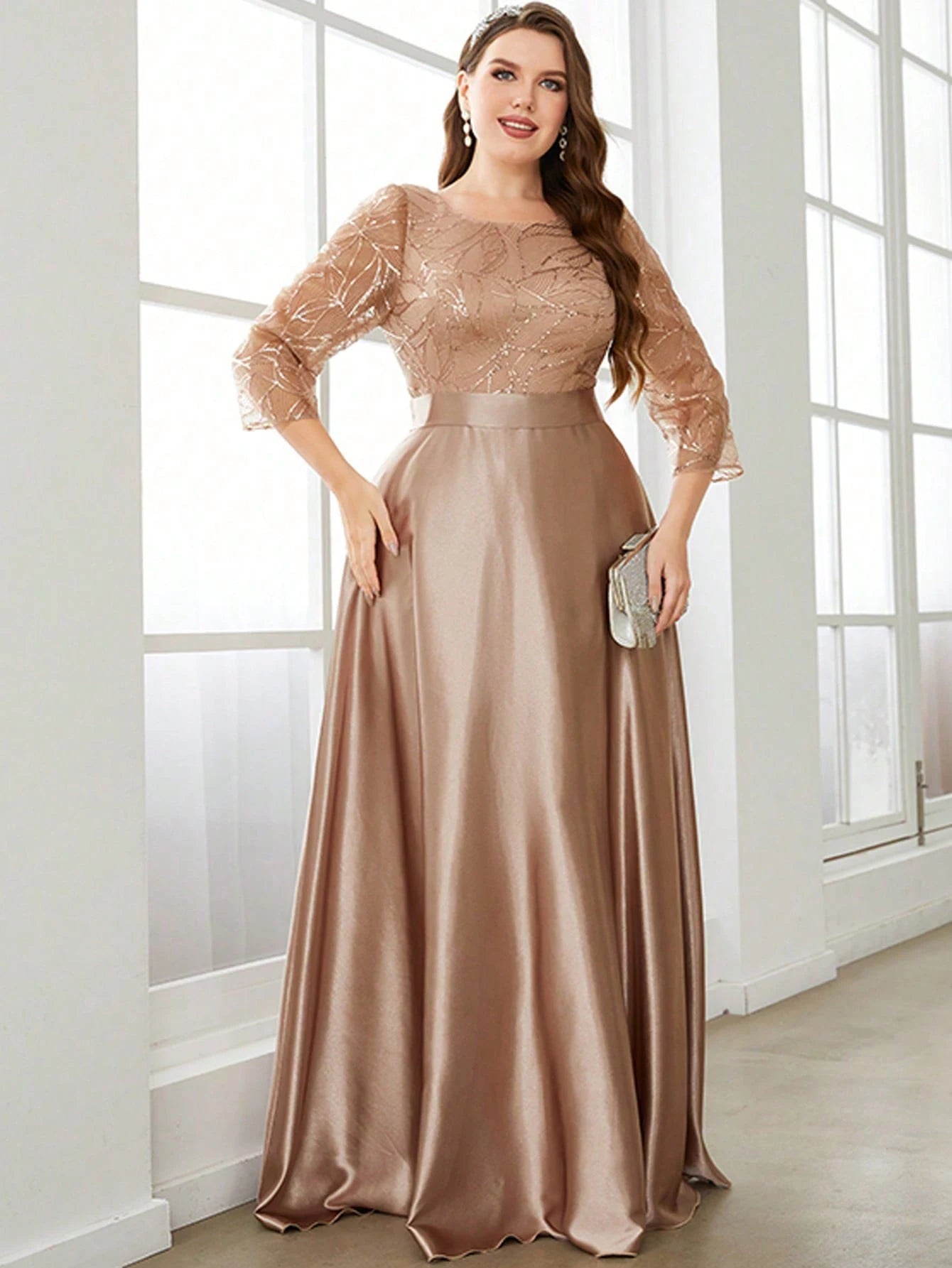 Mgiacy Sequin Patchwork Satin Gown – Crew Neck Long Sleeve Ball Party Dress