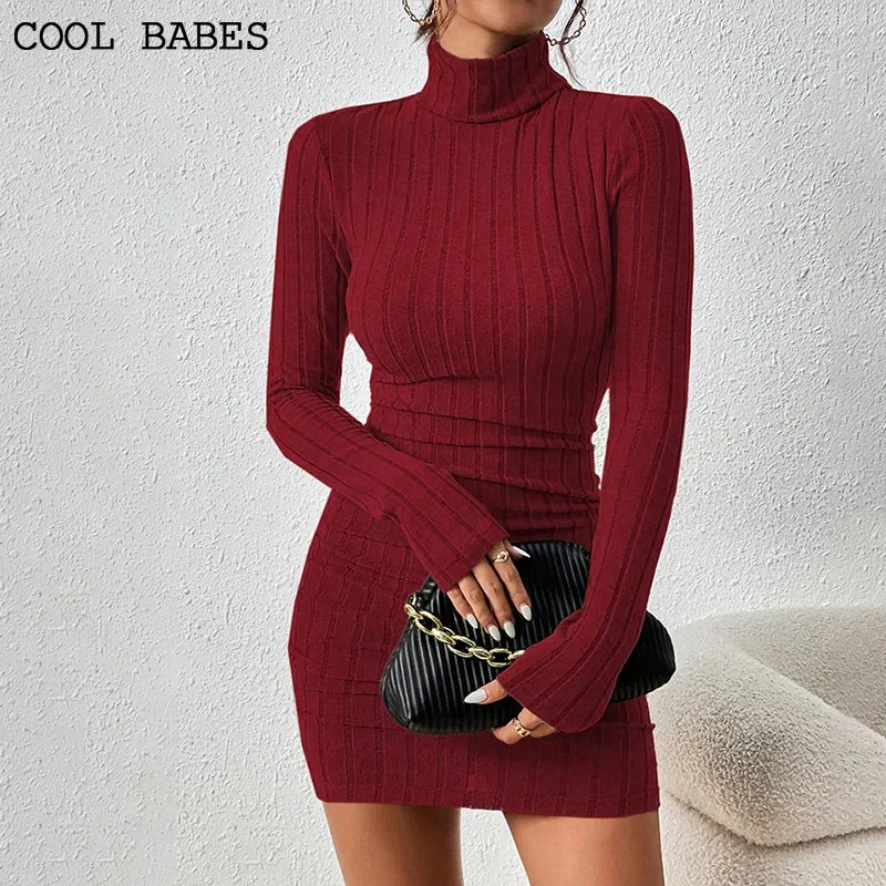 Solid Turtleneck Bodycon Dress – Sexy Sheath Mini Dress for Women