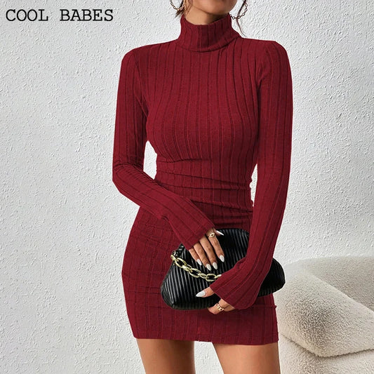 Solid Turtleneck Bodycon Dress – Sexy Sheath Mini Dress for Women