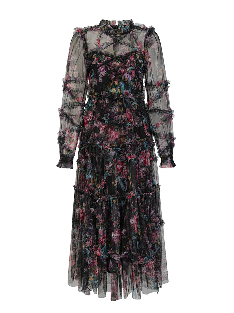 Elegant Lace Floral Prom Dress – Pleated Long Sleeve Gala Evening Dress for Women