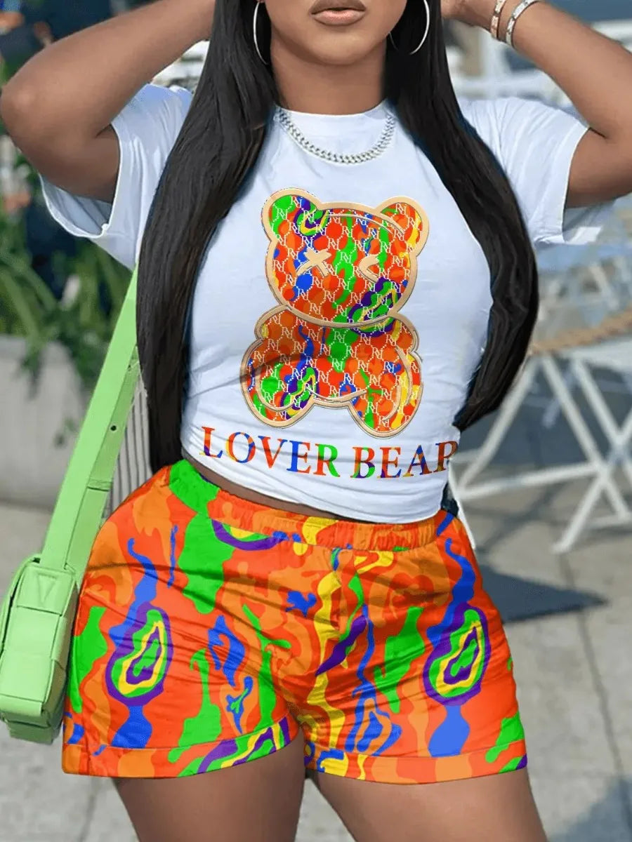 2023 Women's Casual O-neck Cartoon Print T-Shirt & Shorts Set