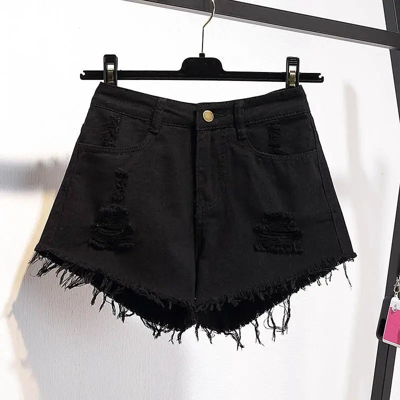 High-Waist Ruffled Denim Shorts – Loose A-Line Fit