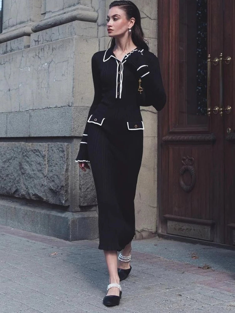 TARUXY High Waist Ruffled Maxi Dress – Vintage Knitted Slim Long Dress for Women