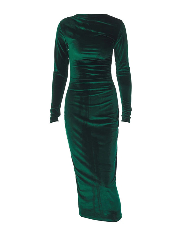 Velvet Green Ruched Midi Dress – Elegant Spring Summer Party Outfit
