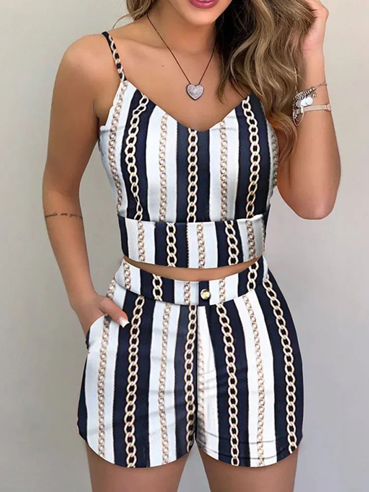 Women's Summer 2-Piece Set – Printed Spaghetti Strap Crop Top & Shorts