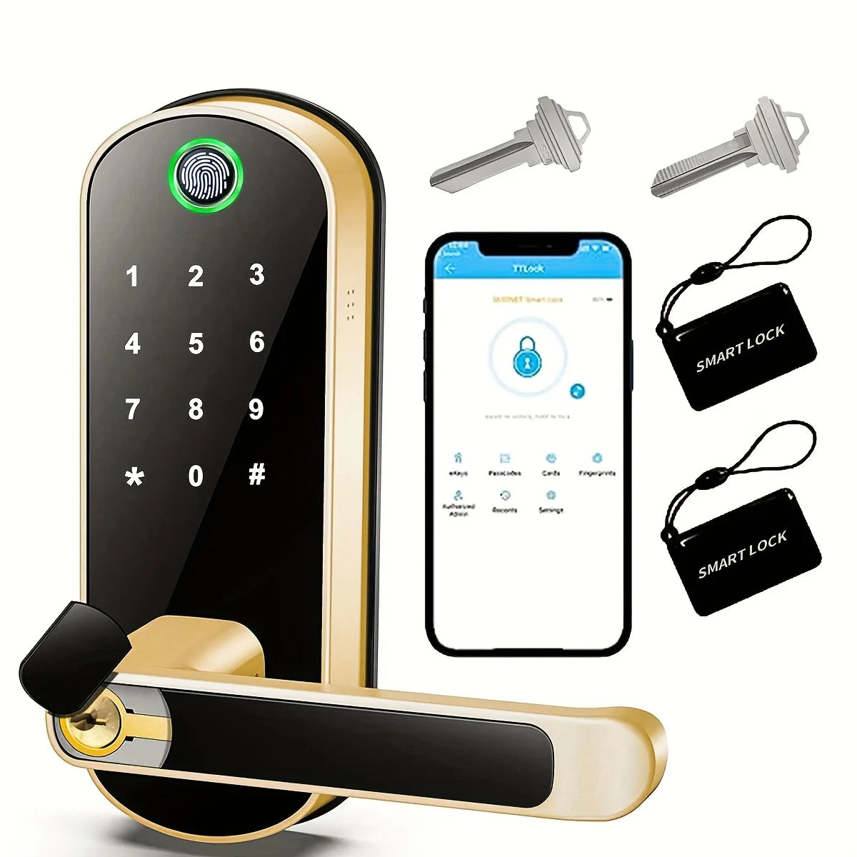 Smart Fingerprint Door Lock | App Remote Control | Keyless WIFI Digital Touchscreen Lock | NFC | IP67 Waterproof | Includes 2 IC Cards