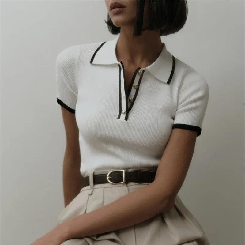 Talenza Women's Short Sleeve Patchwork Knitted Pullover Top