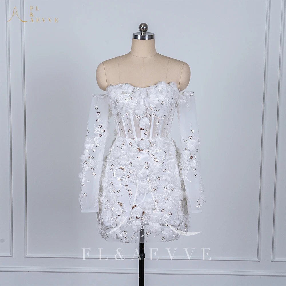 Luxury Beaded Short Wedding Dress – Lace Floral Appliques Long Sleeve Bridal Gown