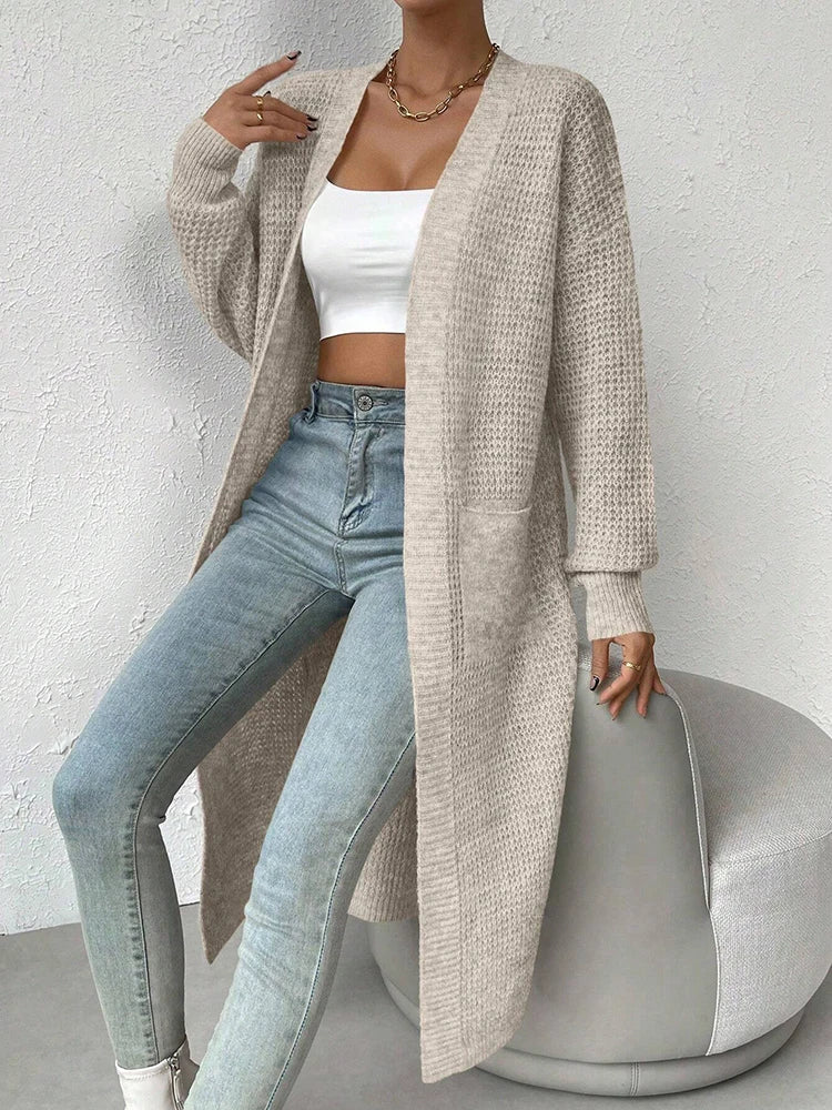 Elegant V-Neck Knitted Cardigan – Women's Mid-Length Hollow-Out Sweater