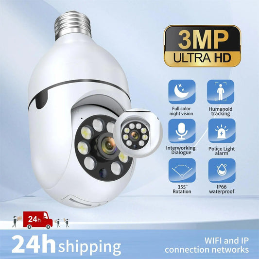 WiFi E27 Bulb Surveillance Camera, 2MP Night Vision Wireless Home Security Camera, Mini CCTV for Baby Monitoring