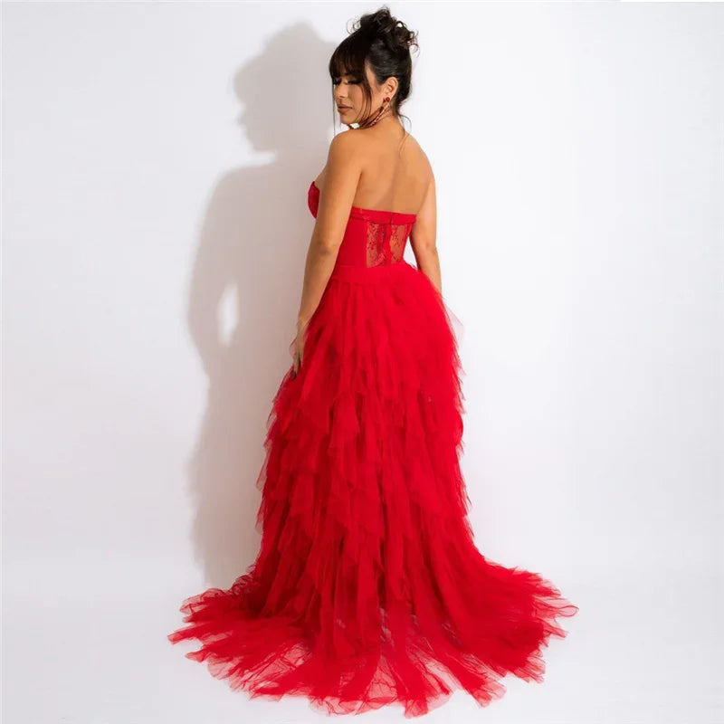 Sexy Tulle Ruffle Evening Gown – Off Shoulder Strapless Lace Maxi Ball Dress for Women
