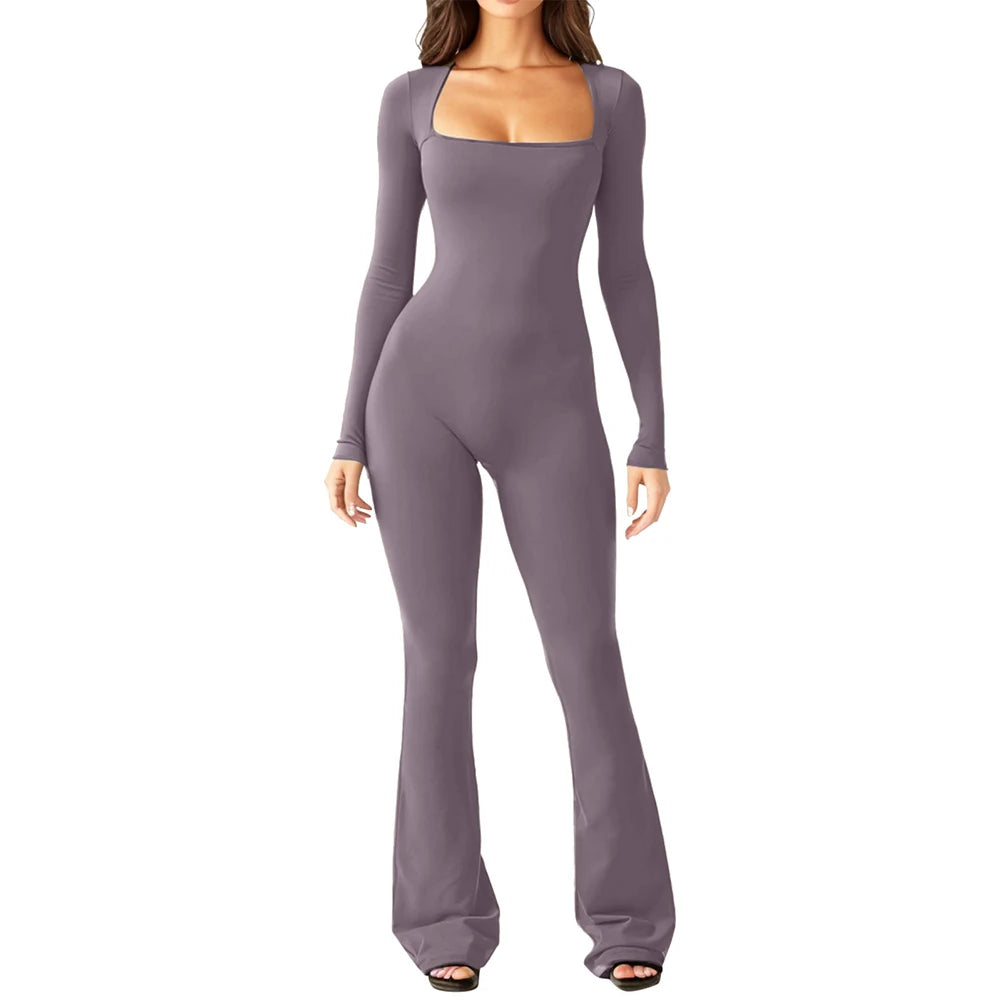 Elegant Square-Neck Flared Jumpsuit – Women's Long-Sleeve Slim Fit Bodycon Romper for Autumn