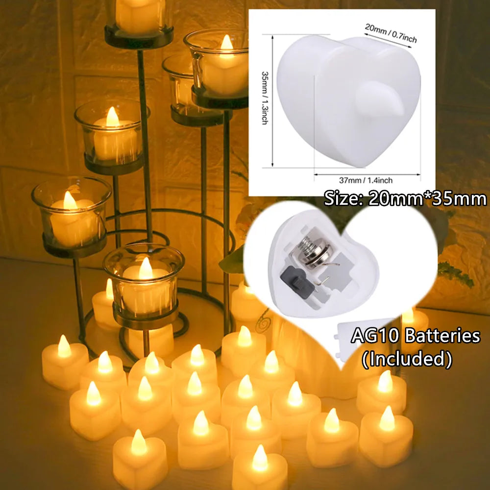 Heart-Shaped Flameless LED Tealight Candles – Battery-Powered Lights for Home, Wedding & Christmas Decor 24pcs