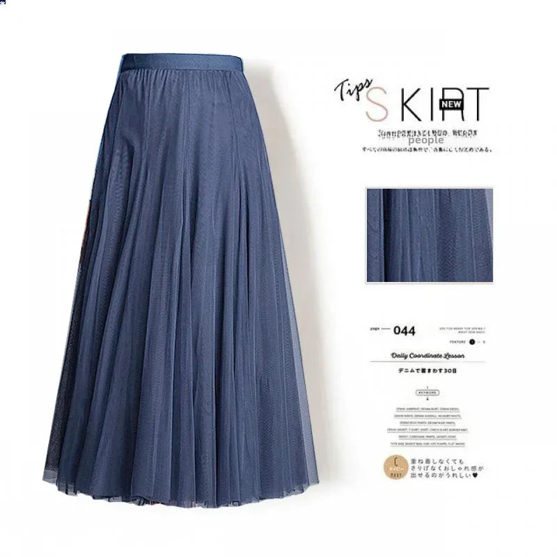 Elegant High-Waisted Pleated Mesh Skirt – Women's Chic A-Line Long Dance Skirt