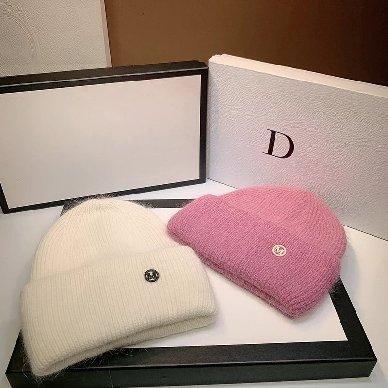 Luxurious Rabbit Fur Beanie - Cozy Black & White Knit Winter Hat