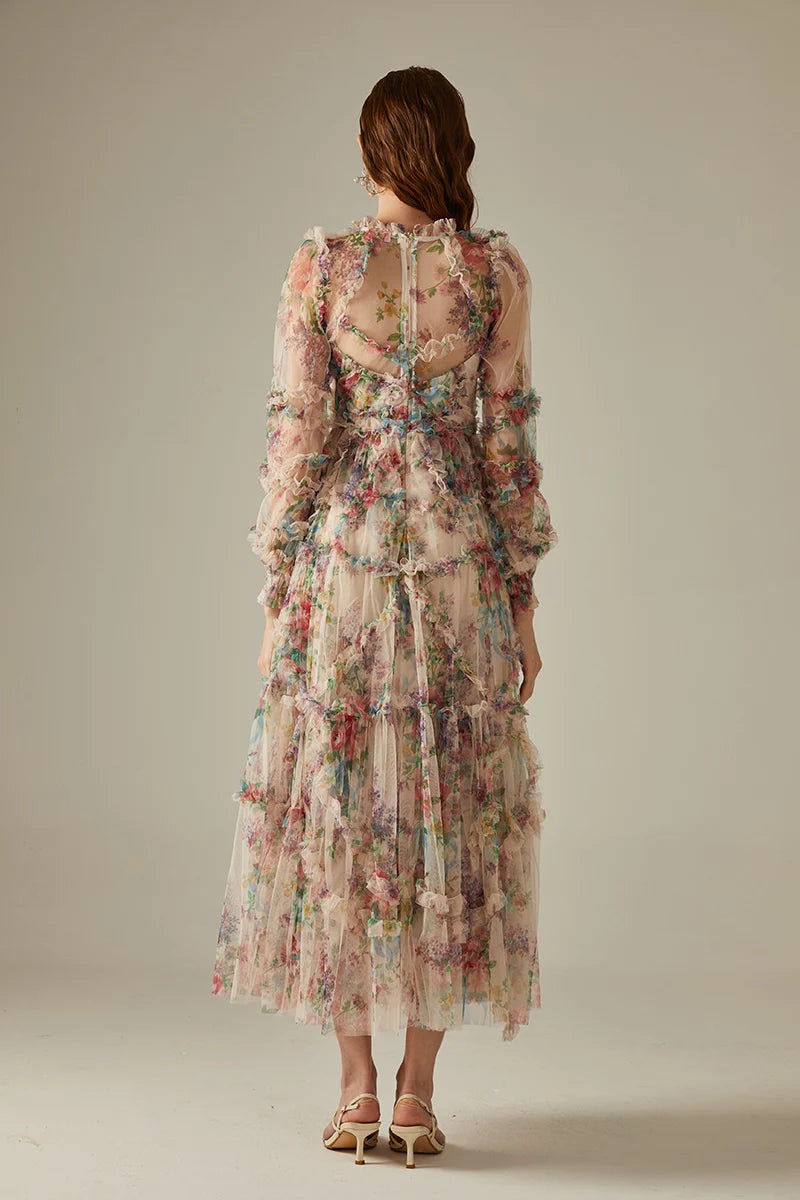 Elegant Lace Floral Prom Dress – Pleated Long Sleeve Gala Evening Dress for Women