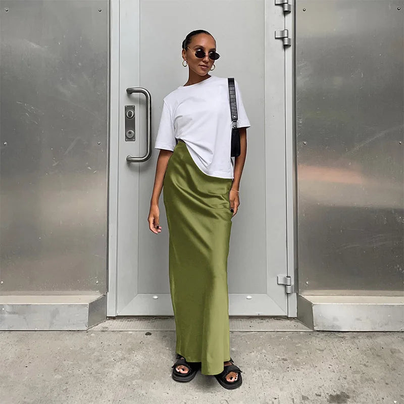 Elegant High-Waist Satin Trumpet Skirt – Women's Slim Fit Long Skirt for Office & Fashion Wear