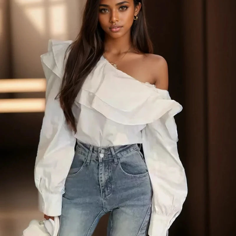 Vintage Off-Shoulder Ruffled Blouse – Women's Elegant Long-Sleeve Slim Fit Top