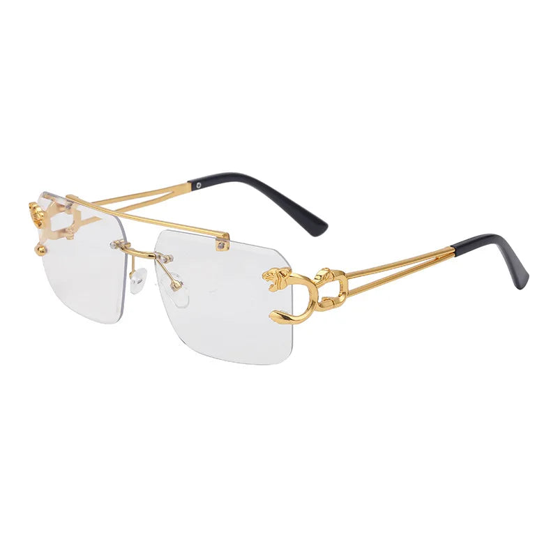 Trendy Leopard Rimless Sunglasses with Double Bridge, Gradient Lenses & UV400 Protection