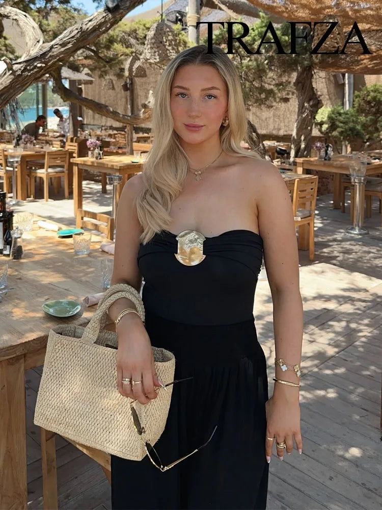 Sexy Metallic Sleeveless Jumpsuit – Women's Backless Pleated Outfit for Summer Beach & Party Wear