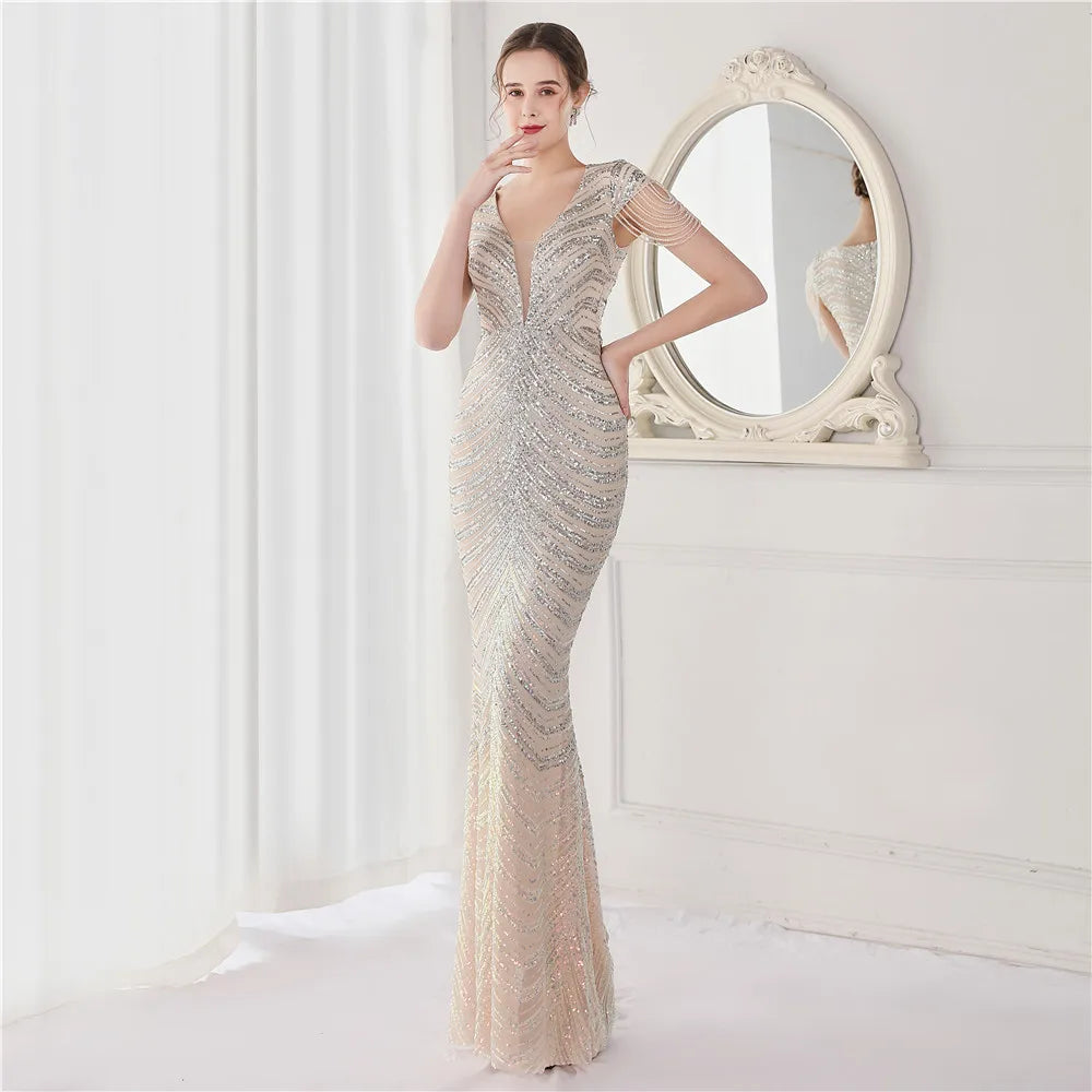 DEERVEADO V-Neck Mermaid Evening Dress – Beaded Long Formal Party Gown for Women