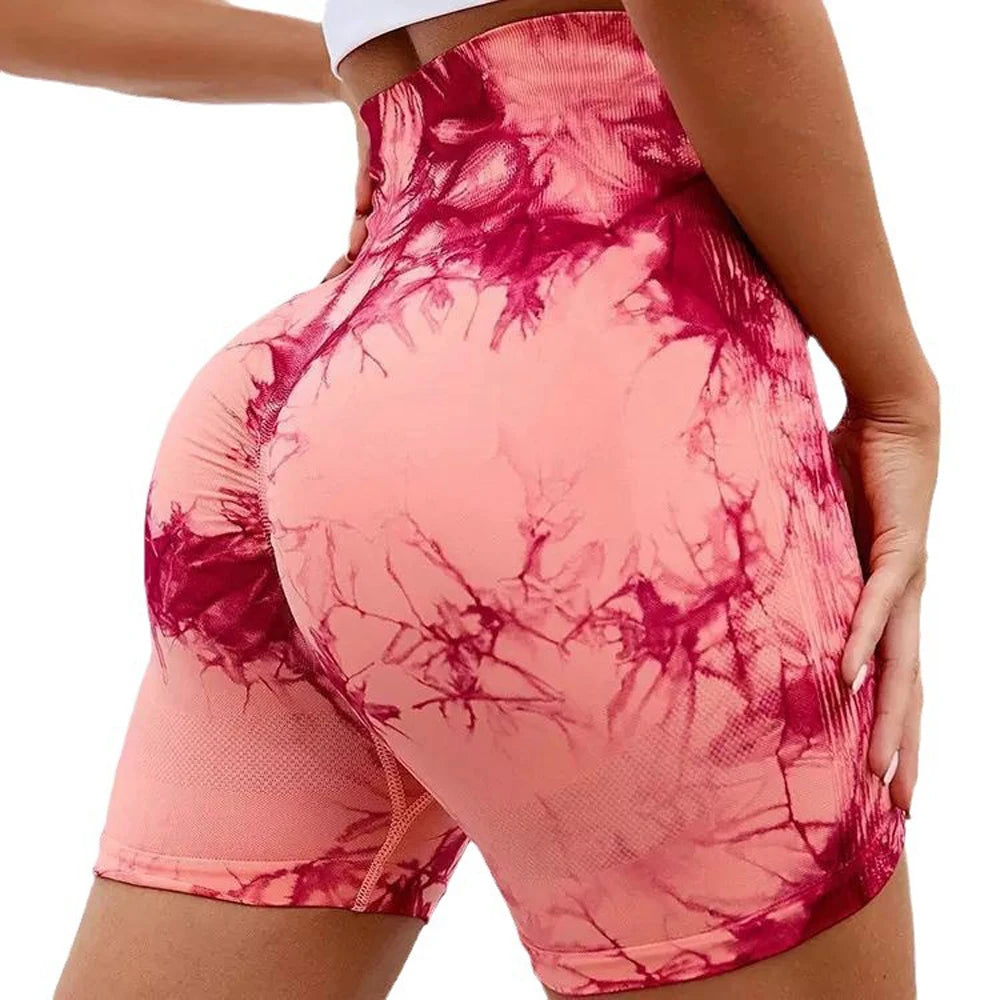 Seamless Tie-Dye High-Waist Shorts – Women's Push-Up Tummy Control Gym & Yoga Shorts