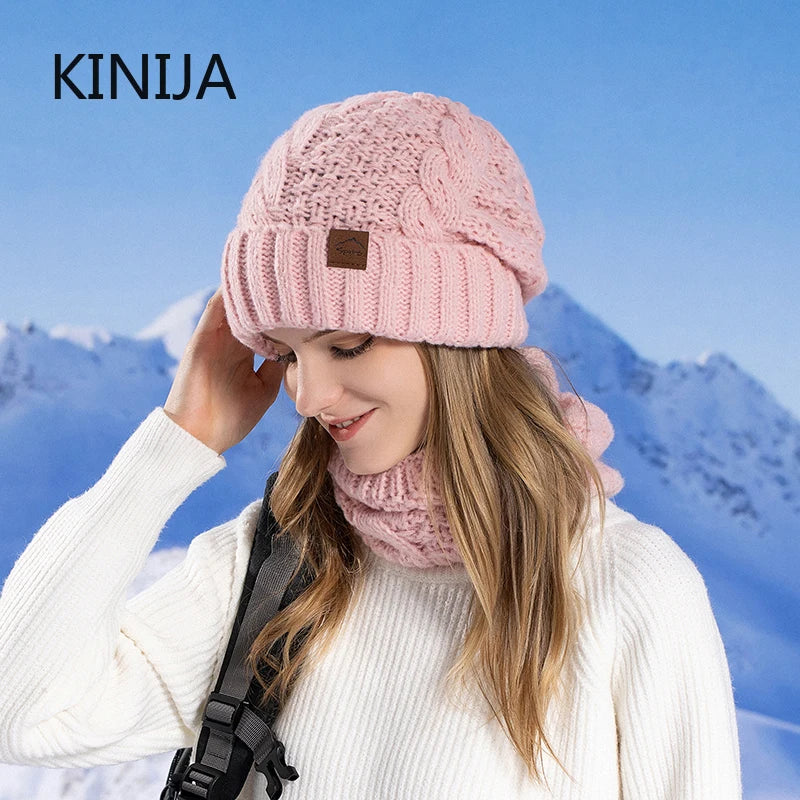 Winter Women's Knitted Hat & Scarf Set with Fleece Lining - Warm Skullcap for Outdoor Cycling & Wind Protection
