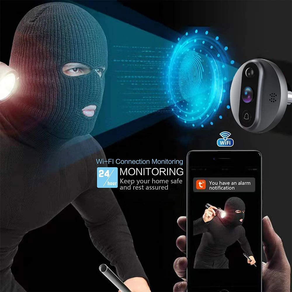 3MP Tuya Smart WiFi Doorbell – 1080P Eye Peephole Camera, PIR Motion Detector, 5000mAh Battery, Alexa & Google Compatible