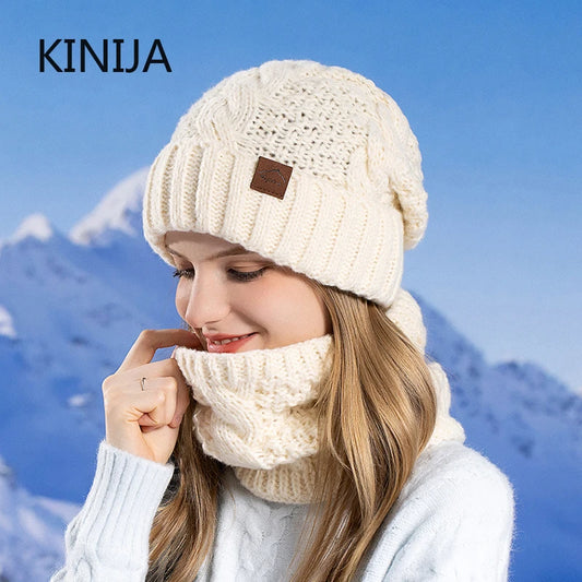 Winter Women's Knitted Hat & Scarf Set with Fleece Lining - Warm Skullcap for Outdoor Cycling & Wind Protection