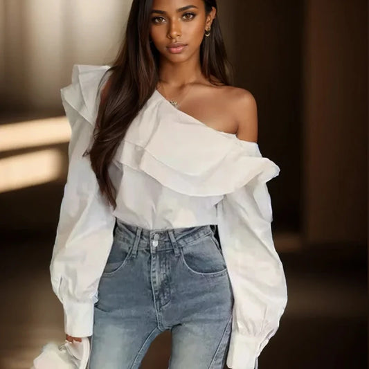 Vintage Off-Shoulder Ruffled Blouse – Women's Elegant Long-Sleeve Slim Fit Top