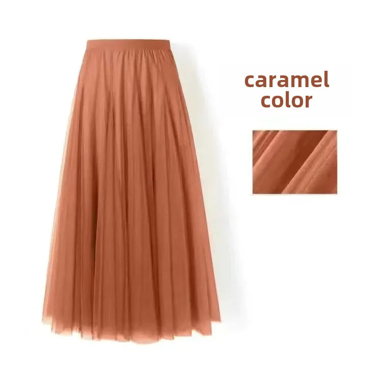 Elegant High-Waisted Pleated Mesh Skirt – Women's Chic A-Line Long Dance Skirt
