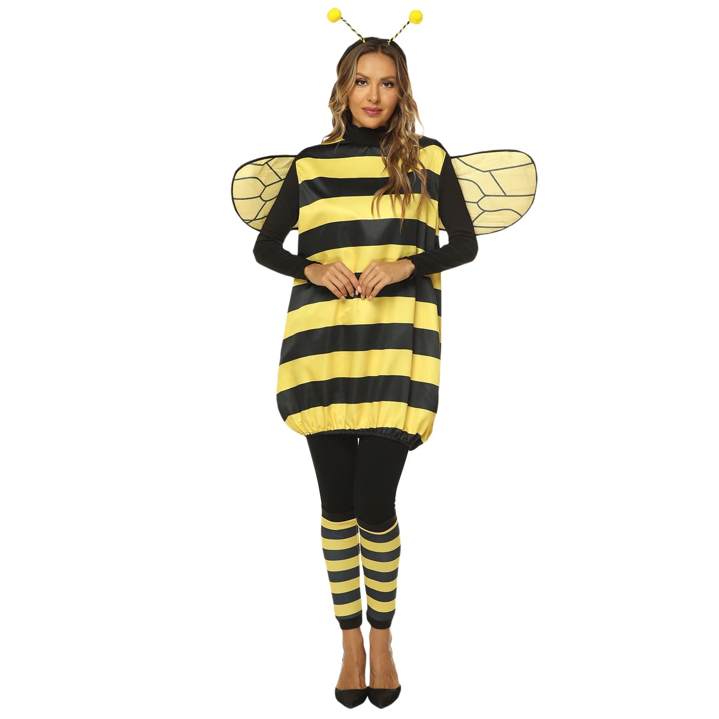 Women Halloween Cosplay Costume Set Bee Dress with Wings Headband Leg Sleeveless Role-playing Accessories