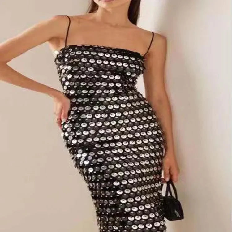 Luxury Sequin Spaghetti Strap Party Dress