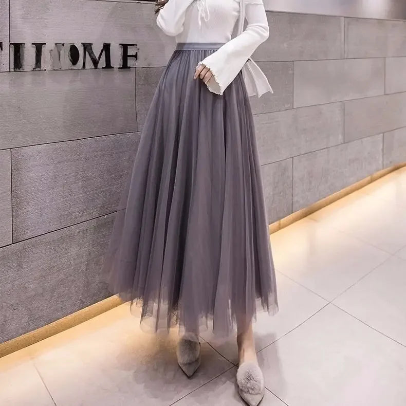 Grandiose 720-Degree A-Line Mesh Skirt – Elegant High-Waist Midi Dance Dress