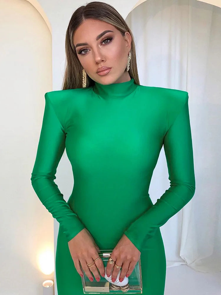 Shoulder Padded Bodycon Maxi Dress – Green Long Sleeve Party Dress for Women