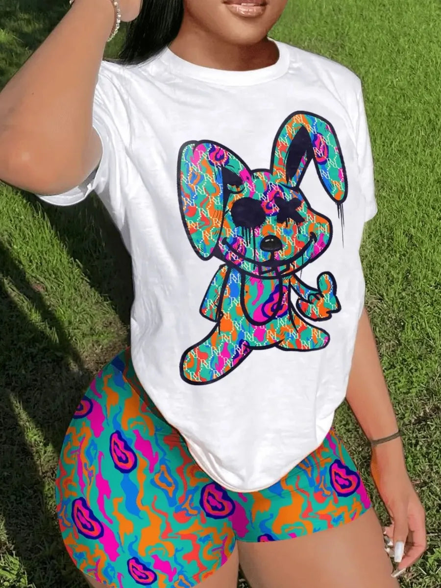 2023 Women's Casual O-neck Cartoon Print T-Shirt & Shorts Set