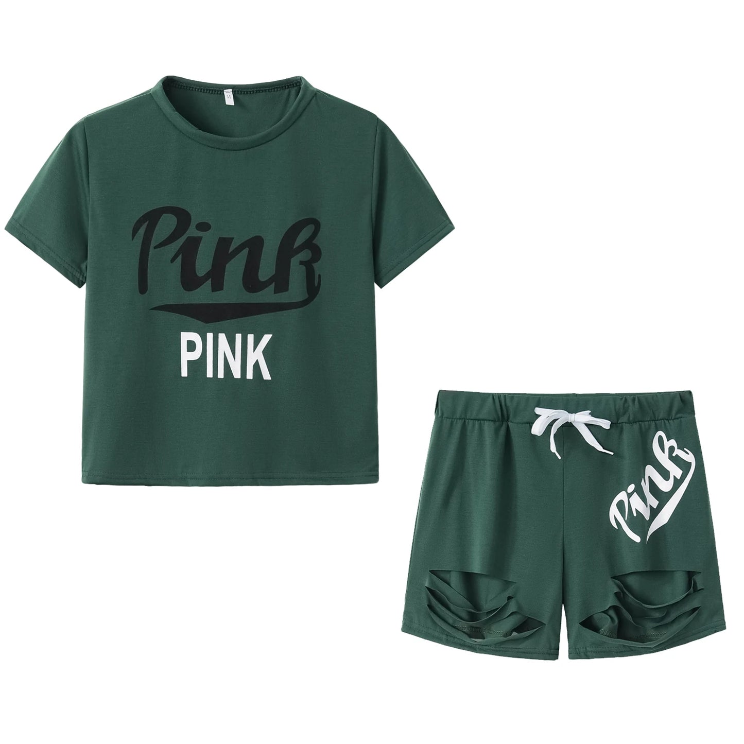 Hot Selling European & American Women's Summer Pink Letter Print Shorts Set