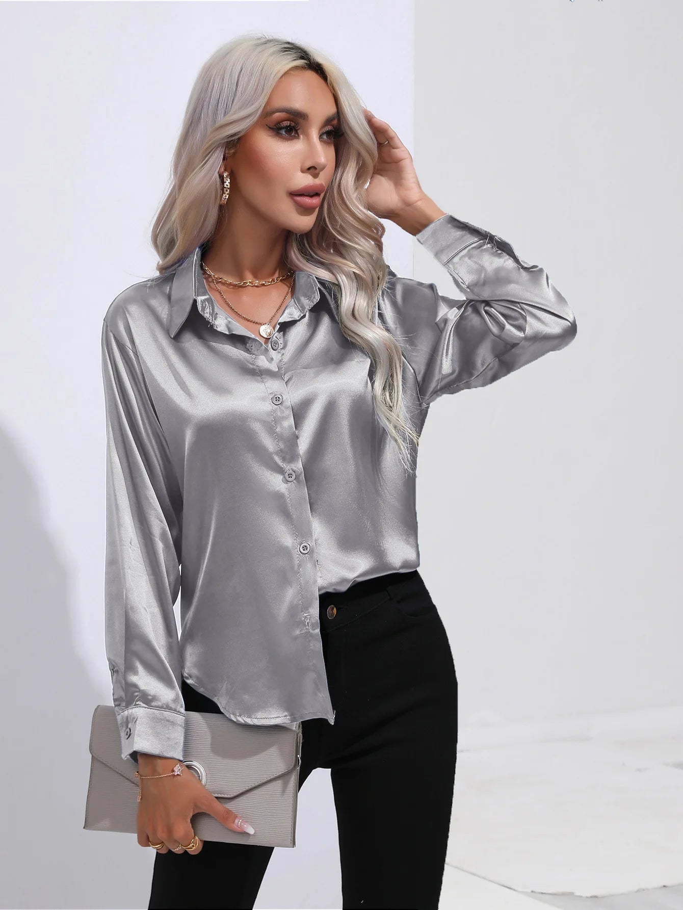 SatinGrace Button Blouse
