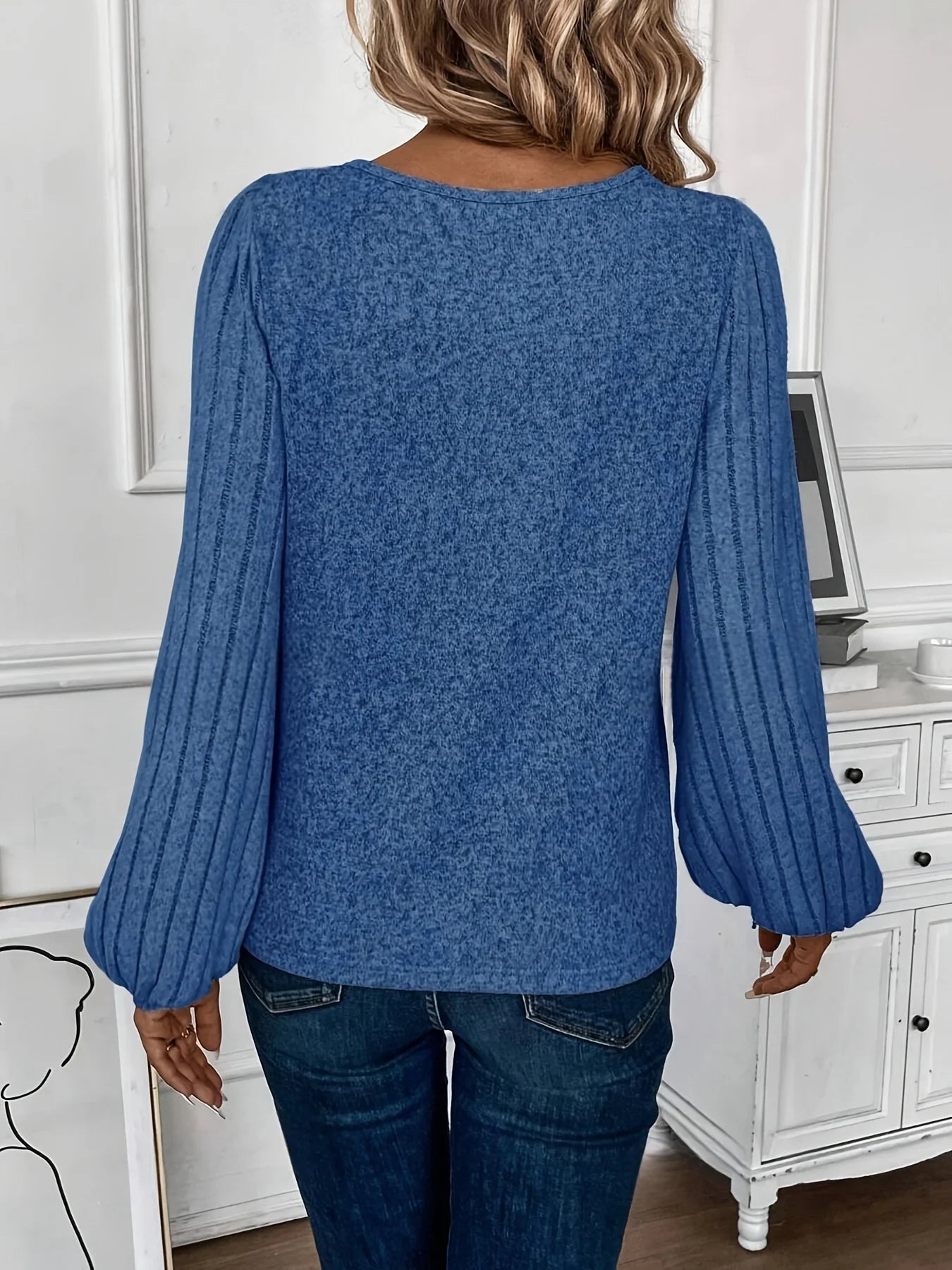 Solid V-neck Ribbed Long Sleeve T-shirt for Spring & Autumn