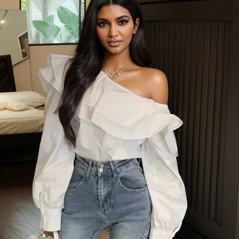 Vintage Off-Shoulder Ruffled Blouse – Women's Elegant Long-Sleeve Slim Fit Top